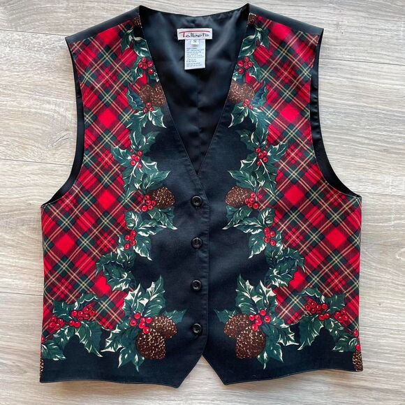 Talbots Women's Small Plaid Christmas Vest Vintage 90's Pinecones Holiday Trad - Picture 1 of 7